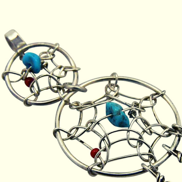 Sterling Silver Turquoise & Coral Pendant Dream Catcher Pendant by Navajo Artist - Picture 2 of 5